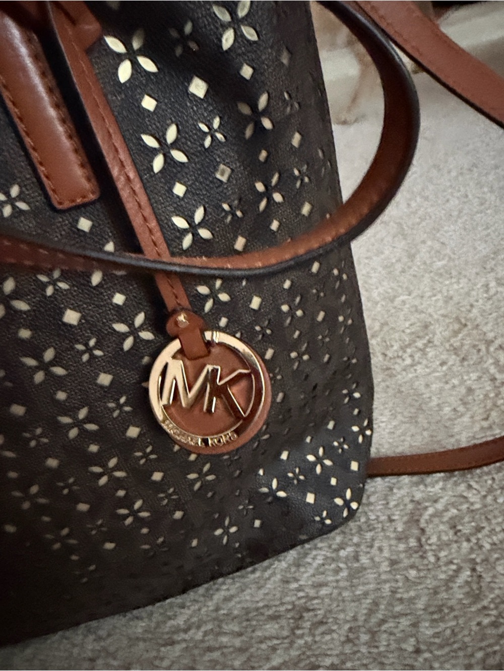 Michael Kors Black Crossbody with Tan Trim and Gold MK Charm